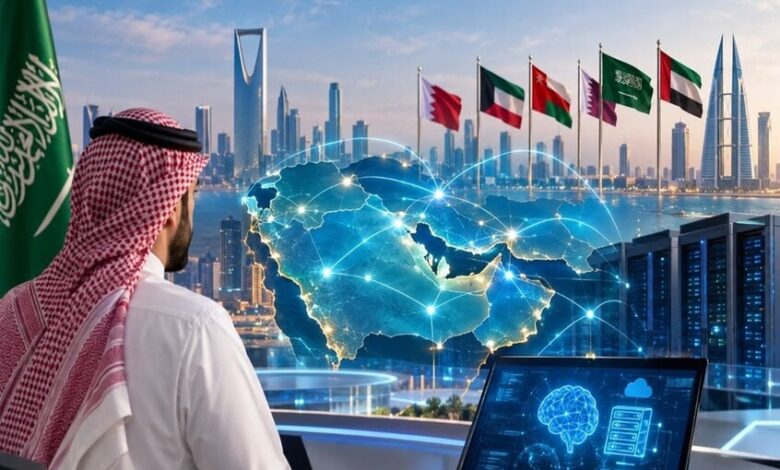 تصميم تقني يعبّر عن الربط الرقمي بين دول الخليج وتكامل قدرات الذكاء الاصطناعي والحوسبة